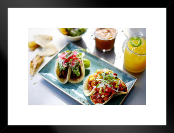 Mexican Street Tacos with Refreshing Margarita Photo Matted Framed Art Print Wall Decor 26x20 inch