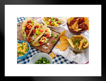 Tacos and Nacho Chips Blue Checkered Tablecloth Photo Matted Framed Art Print Wall Decor 26x20 inch