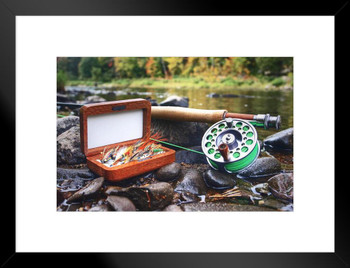 Trout Salmon Fly Fishing Gear Riverbank Photo Poster Sports Nature Outdoors Photograph Stream Rod Reel Matted Framed Art Wall Decor 26x20