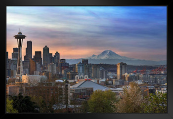 Seattle Sunrise with Mount Rainier Space Needle Photo Photograph Matted Framed Art Wall Decor 26x20