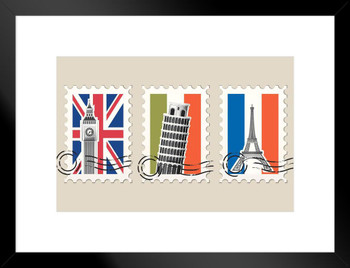 European Landmark Stamps Big Ben Eiffel Tower Flag Art Print Matted Framed Wall Art 26x20 inch