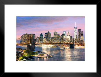 Brooklyn Bridge and New York City Skyline at Dusk Photo Matted Framed Art Print Wall Decor 26x20 inch