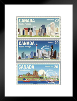 Canadian Cities Edmonton Calgary Quebec Travel Stamps Matted Framed Art Wall Decor 20x26