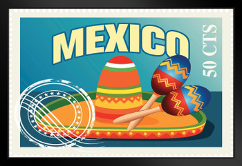 Mexican Sombrero and Maracas Vintage Travel Stamp Matted Framed Art Print Wall Decor 26x20 inch