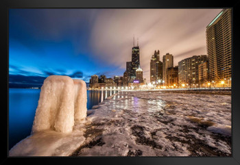 Lake Michigan Frozen Chicago Illinois Skyline Photo Matted Framed Art Print Wall Decor 26x20 inch