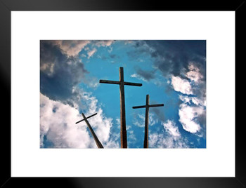 Three Crosses Above Blue Sky With Clouds Photo Matted Framed Art Print Wall Decor 26x20 inch