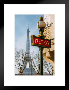 Paris Metro Sign with Eiffel Tower in Background Photo Matted Framed Art Print Wall Decor 20x26 inch