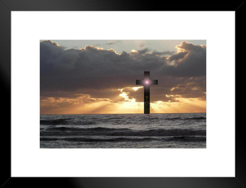 Easter Cross in the Horizon Sunset Inspirational Photo Matted Framed Art Print Wall Decor 26x20 inch