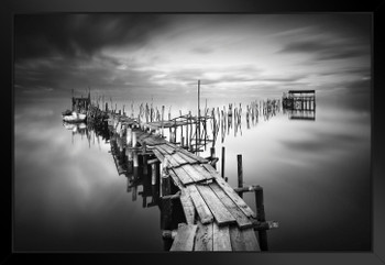 Pier in the Seubal District of Portugal B&W Photo Matted Framed Art Print Wall Decor 26x20 inch