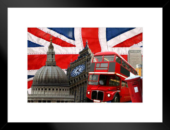 London Great Brittain Landmarks Bus Big Ben St Pauls Matted Framed Art Print Wall Decor 20x26 inch
