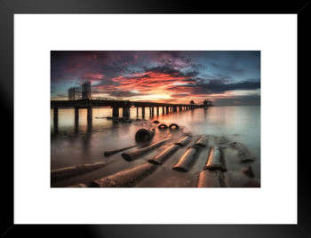 Red Clouds Over Bridge at Sunset Photo Matted Framed Art Print Wall Decor 26x20 inch