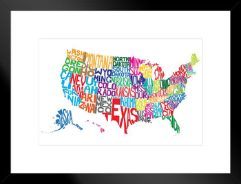 United States of America Word Map US Map with Cities in Detail Map Posters for Wall Map Art Wall Decor Country Illustration Tourist Travel Destinations Colorful Matted Framed Art Wall Decor 20x26