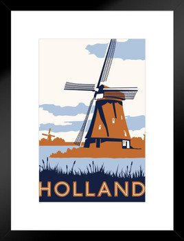 Vintage Holland Travel Netherlands Europe Windmill Illustration Tourism Tourist Ad Visit Scandinavia Matted Framed Art Wall Decor 20x26