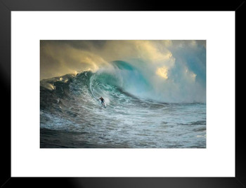 Surfing Poster Surfer On A Big Wave In the Ocean Jaws Beach Hawaii Hawaiian Waves Photo Photograph Cool Photo Sunset Palm Landscape Pictures Scenic Scenery Matted Framed Art Wall Decor 20x26