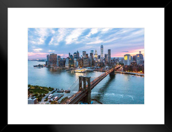 New York City Manhattan Brooklyn Bridge at Dusk Photo Matted Framed Art Print Wall Decor 26x20 inch