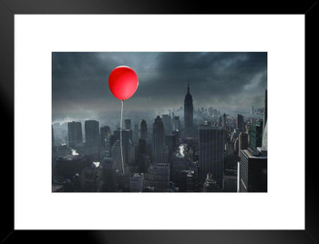 Red Balloon OverA Gray City Photo Matted Framed Art Print Wall Decor 26x20 inch