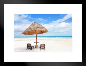 Sunshade And Lounge Chairs Tropical Sandy Beach I Photo Matted Framed Art Print Wall Decor 26x20 inch