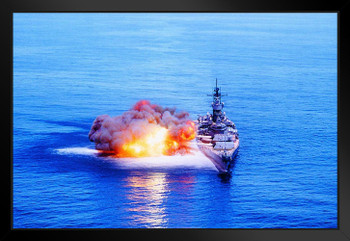 Battleship USS Iowa BB61 Firing Guns Warship At Sea Ocean Destroyer Photo Photograph Matted Framed Art Wall Decor 26x20