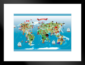 Map of the World Cartoon Style Classroom Travel World Map with Cities in Detail Map Posters for Wall Map Art Wall Decor Geographical Illustration Tourist Travel Matted Framed Art Wall Decor 20x26