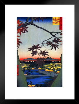 Maple Trees at Mama Tekona Shrine by Utagawa Hiroshige Poster 1857 Tsugi Bridge Woodblock Matted Framed Art Wall Decor 20x26