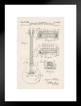 Electric Guitar 1955 Official Patent Diagram Tan Color Stringed Instrument Music Musician Rock Roll Band Decoration Matted Framed Art Wall Decor 20x26