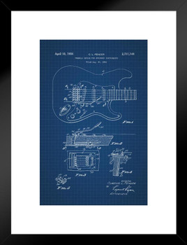 Electric Guitar 1956 Official Patent Office Blueprint Design Stringed Instrument Rock Roll Music Band Strings Frets Diagram Decoration Matted Framed Art Wall Decor 20x26