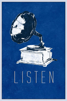 Laminated Listen Victrola Record Player Blue Poster Dry Erase Sign 12x18