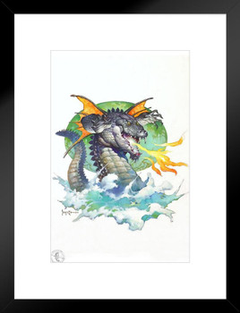 Winged Dragon Breathing Fire by Frank Frazetta Fantasy Alligator Inspired Art Sea Creature Monster Scifi Matted Framed Art Wall Decor 20x26