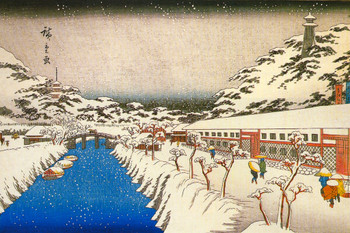 Utagawa Hiroshige Snow at Akabane Bridge in Shiba Japanese Art Poster Traditional Japanese Wall Decor Hiroshige Woodblock Landscape Artwork Snow Asian Print Cool Wall Decor Art Print Poster 18x12