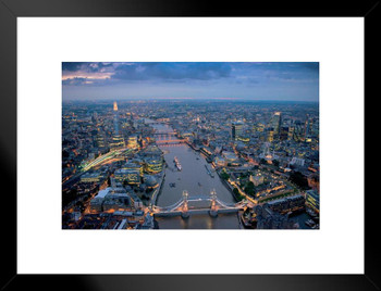 Jason Hawkes London Aerial View Photography Dusk Thames River Matted Framed Poster 20x26 inch