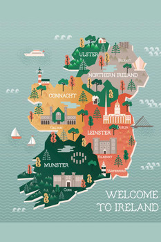 Ireland Map Landmarks Cities Travel World Map with Cities in Detail Map Posters for Wall Map Art Wall Decor Geographical Illustration Tourist Travel Destinations Cool Huge Large Giant Poster Art 36x54