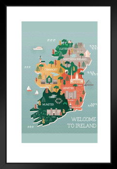 Ireland Map Landmarks Cities Travel World Map with Cities in Detail Map Posters for Wall Map Art Wall Decor Geographical Illustration Tourist Travel Destinations Matted Framed Art Wall Decor 20x26