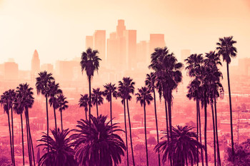 Laminated Los Angeles California Downtown Buildings Skyline Orange Red Pink Color Hues Tropical Palm Trees Artistic Photo Poster Dry Erase Sign 18x12