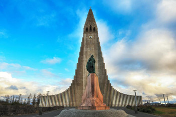 Laminated Leif Erikson Statue Hallgrimskirkja Church in Reykjavik Iceland Photo Art Print Poster Dry Erase Sign 18x12