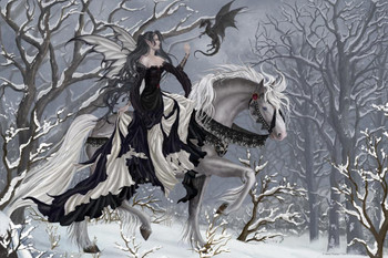 Laminated Fairy Riding a Horse Dragon Shadow A Chance Encounter by Nene Thomas Fantasy Poster Winter Woods Nature Poster Dry Erase Sign 12x18