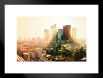 Los Angeles California Skyline At Sunset Photo Matted Framed Wall Art Print 26x20 inch