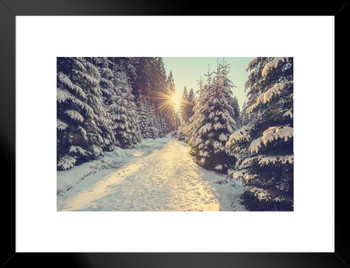 Sun Setting Snowy Mountain Trail Pine Trees Winter Christmas Sunset Photo Landscape Pictures Scenic Scenery Nature Photography Paradise Scenes Matted Framed Art Wall Decor 26x20