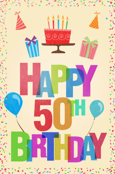 Happy 50th Birthday Party Decoration Light Cool Wall Decor Art Print Poster 12x18