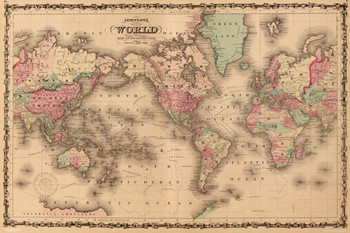 Laminated Map Of The World Mercators Projection A J Johnson 1860 Vintage Historical Cartographic Print Poster Dry Erase Sign 18x12