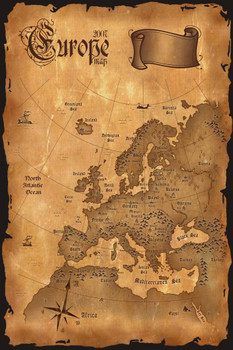 Laminated Europe Vintage Antique Style Map Travel World Map with Cities in Detail Map Posters for Wall Map Art Wall Decor Geographical Illustration Travel Destinations Poster Dry Erase Sign 12x18