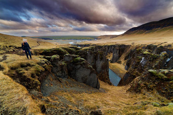 Laminated Tourist Hiking Fjadrargljufur Canyon Iceland Photo Art Print Poster Dry Erase Sign 18x12