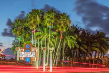 Laminated Welcome to Miami Beach Florida Illuminated at Night Photo Art Print Poster Dry Erase Sign 18x12