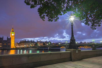 Gold Big Ben Illuminated at Night Thames River London England Photo Art Print Laminated Dry Erase Sign Poster 18x12