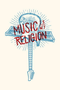 Laminated Music Is My Religion Electric Guitar Synthesizer Cross Rock Art Print Poster Dry Erase Sign 12x18