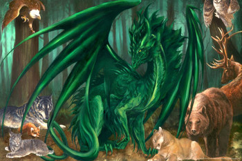 Laminated Lord of the Forest Green Dragon by Ruth Thompson Fantasy Poster Wild Animals Bear Eagle Fox Owl Poster Dry Erase Wall Art 12x18