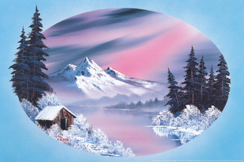 Bob Ross Winter Oval Art Print Painting Bob Ross Poster Bob Ross Collection Bob Art Paintings Happy Accidents Bob Ross Print Decor Mountains Painting Wall Art Laminated Dry Erase Wall Poster 18x12