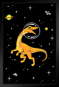 Yellow and Orange Dinosaur Dinos in Space Dinosaur Decor Dinosaur Pictures For Wall Dinosaur Wall Art Prints for Walls Meteor Alien Volcano Science Poster Black Wood Framed Art Poster 14x20