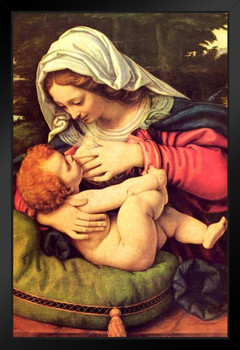 Madonna of the Green Cushion by Andrea Solario Realism Romantic Artwork Prints Biblical Drawings Portrait Painting Wall Art Renaissance Posters Canvas Art Black Wood Framed Art Poster 14x20