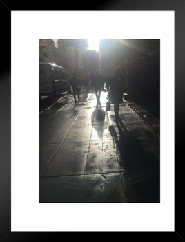 New York City People Walking Wet Sidewalk Sunburst Photo Matted Framed Wall Art Print 26x20 inch