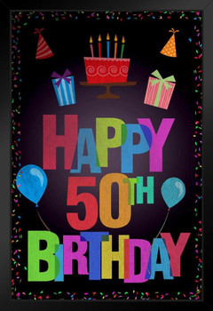 Happy 50th Birthday Party Decoration Dark Black Wood Framed Art Poster 14x20